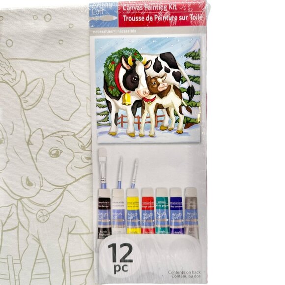 Artists Loft Canvas Painting Kit Winter Cow Theme 11 X 11 Christmas 12 pc NEW - Picture 2 of 5